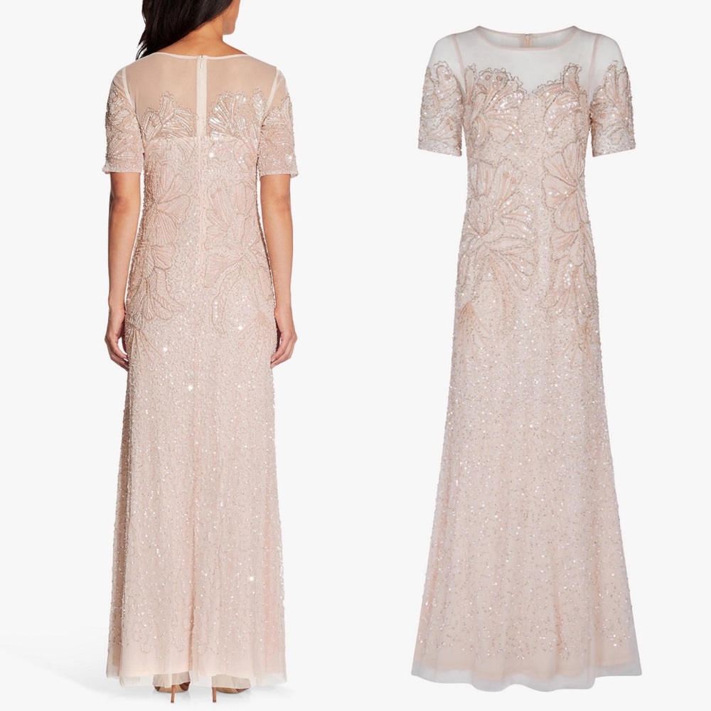 Adrianna Papell beaded elbow sleeves long gown - Picture 4 of 12